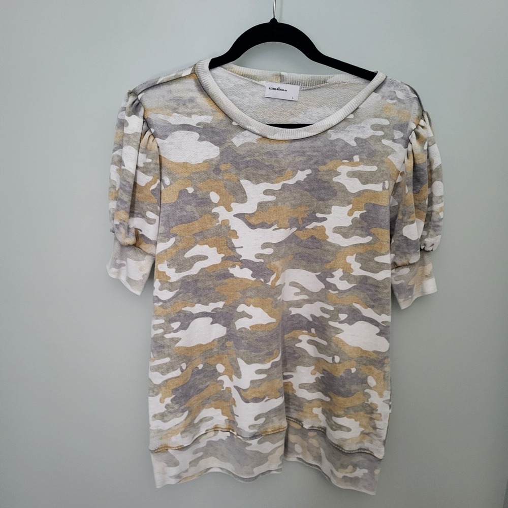 Allen Allen Usa Women Camo Short‎ Puff Sleeves Crewneck Sweater Top Multicolored